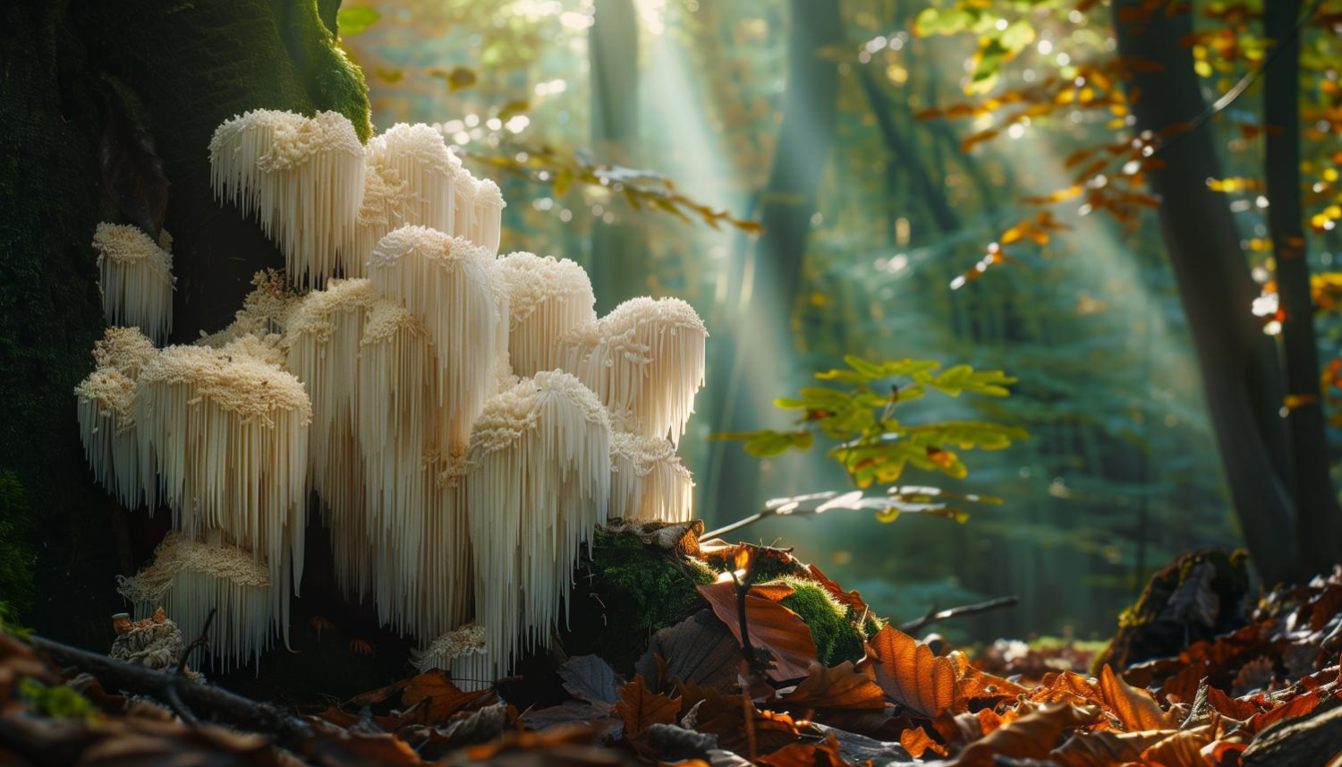 Lion's Mane-paddenstoelen groeien op boomstam